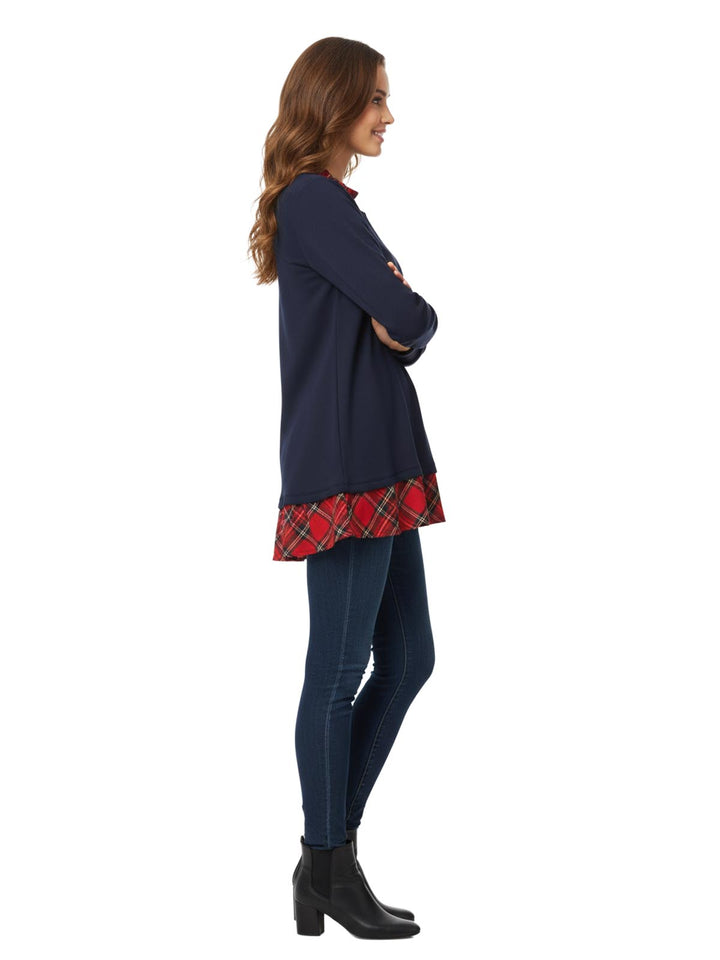 Alfred Dunner Women's Navy Blue Plaid Layered-Look Sweater