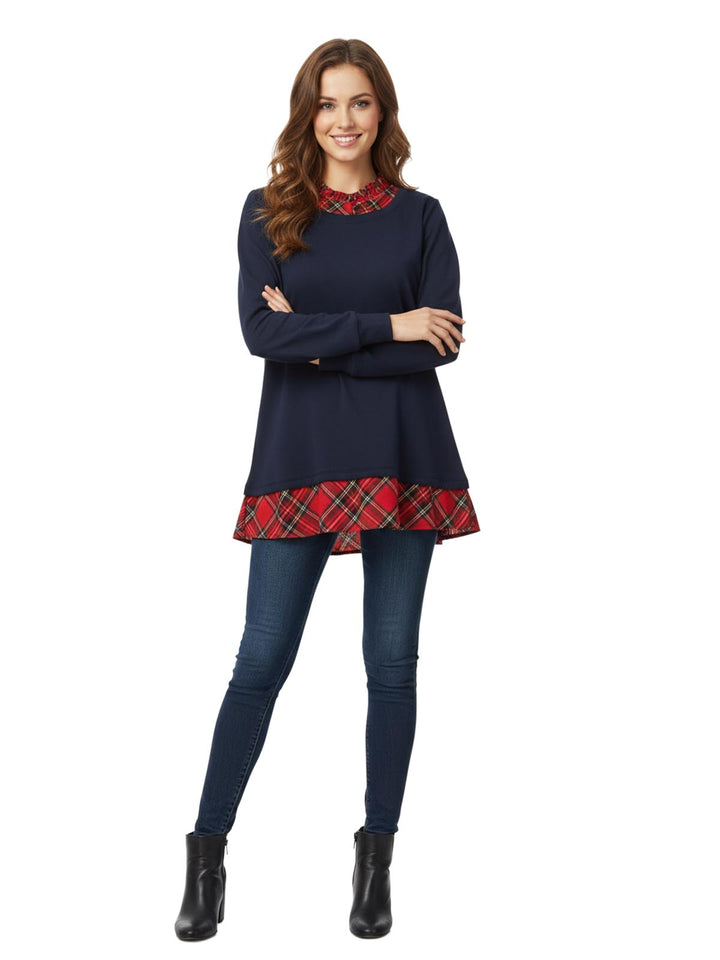 Alfred Dunner Women's Navy Blue Plaid Layered-Look Sweater