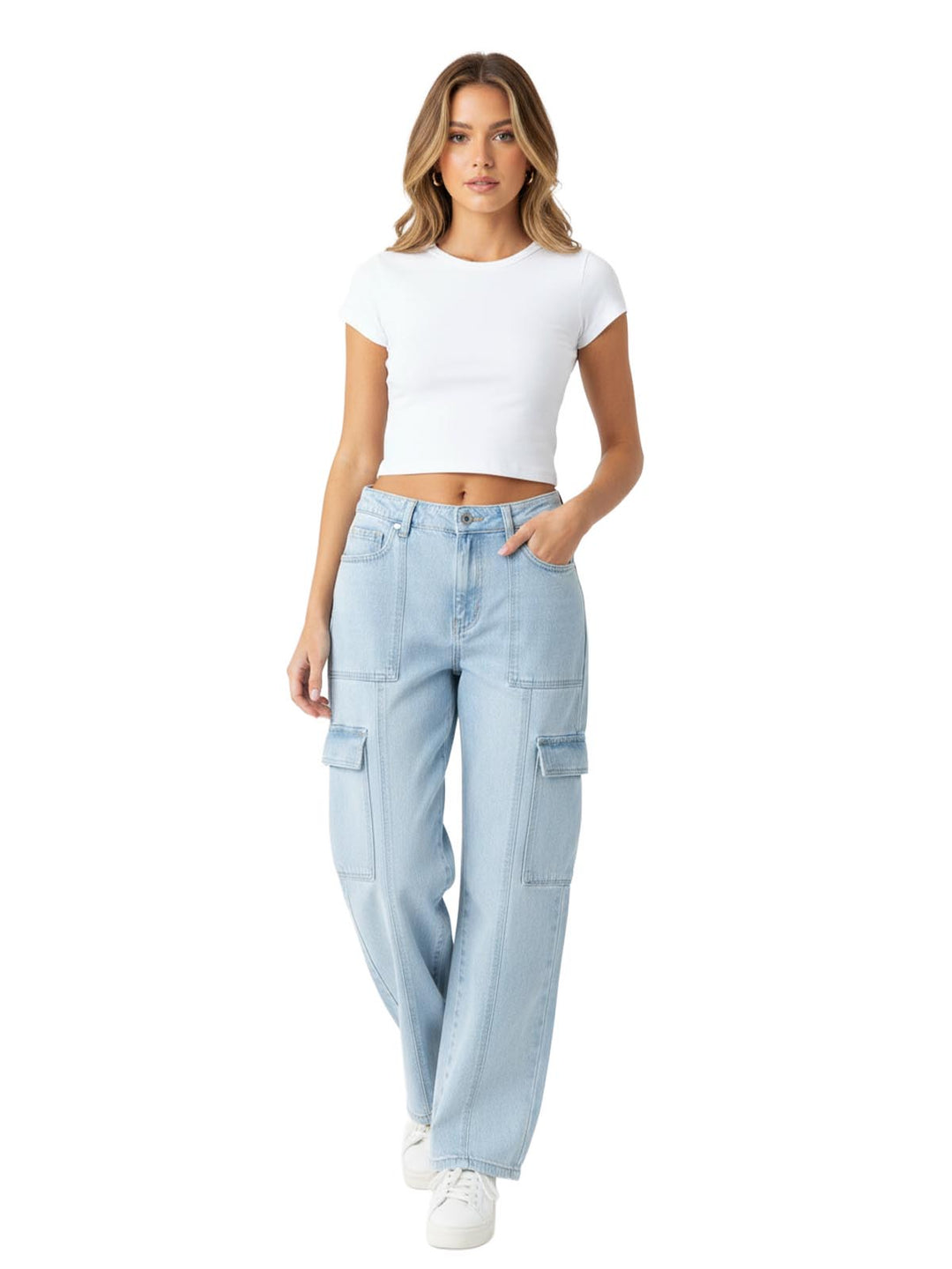 maurices Women's Light Blue High Rise Cargo Wide Leg Jeans