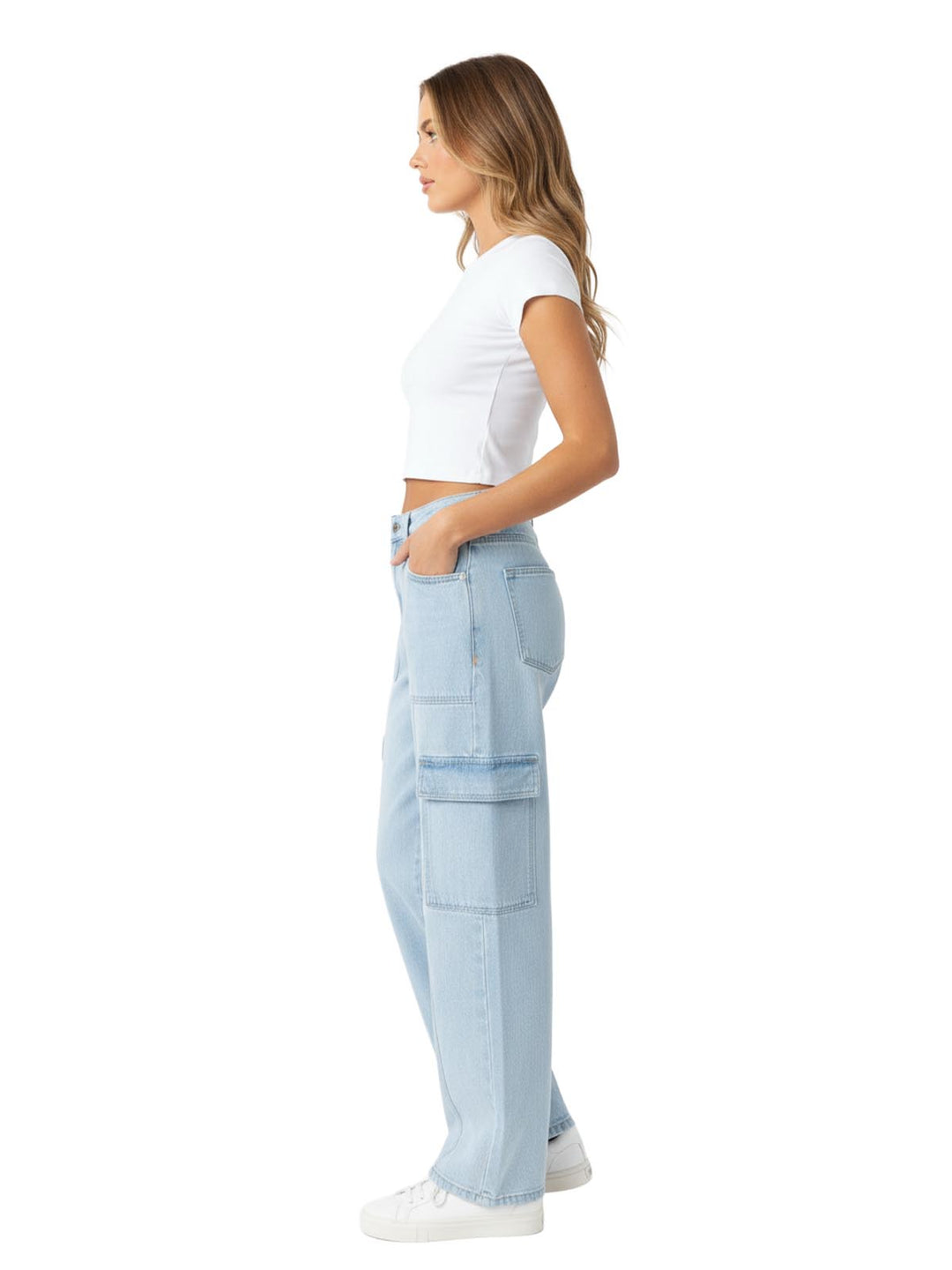 maurices Women's Light Blue High Rise Cargo Wide Leg Jeans