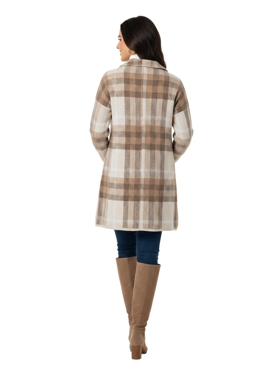 NY Collection Women's Tan Plaid Cardigan Sweater