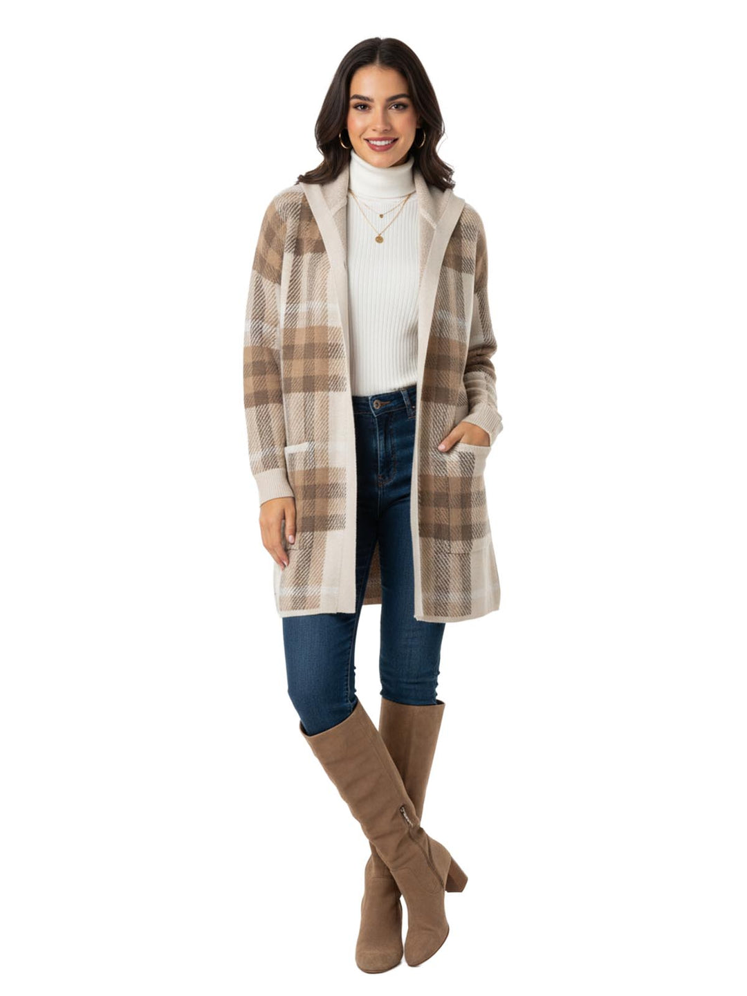 NY Collection Women's Tan Plaid Cardigan Sweater
