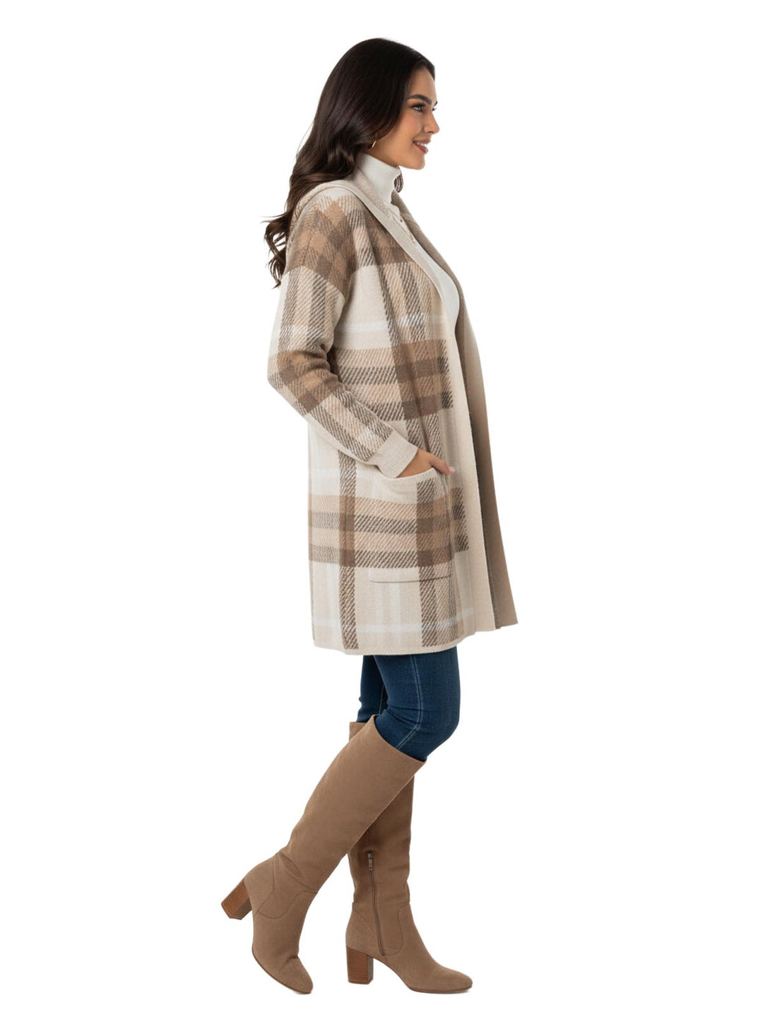 NY Collection Women's Tan Plaid Cardigan Sweater