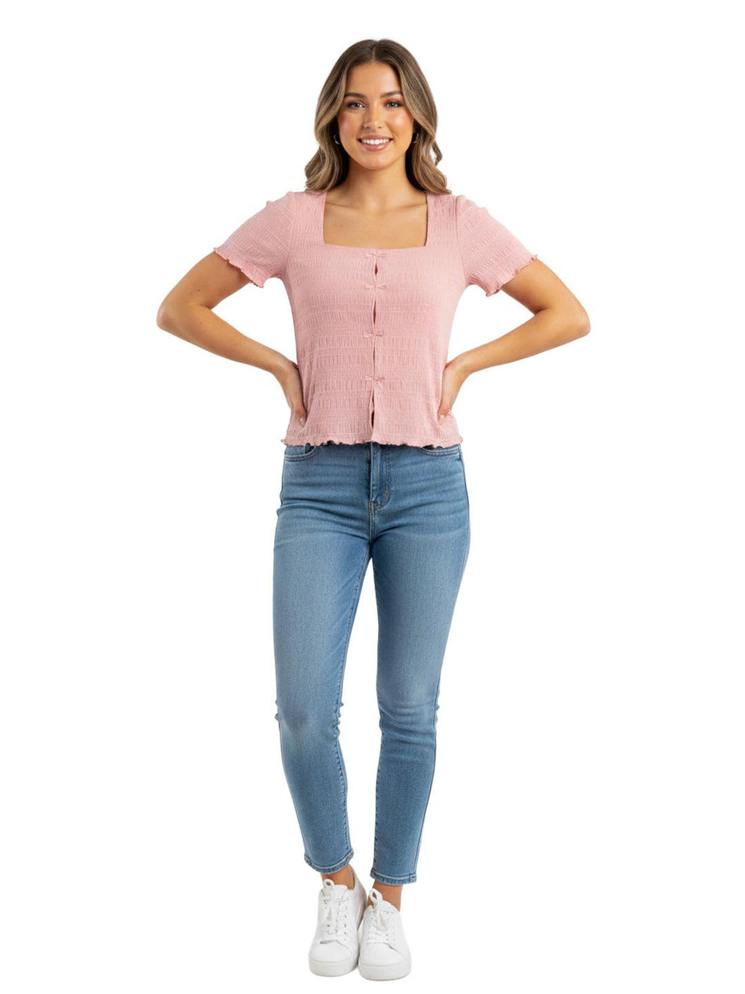 No Boundaries Square Neck Smocked Top - Pink
