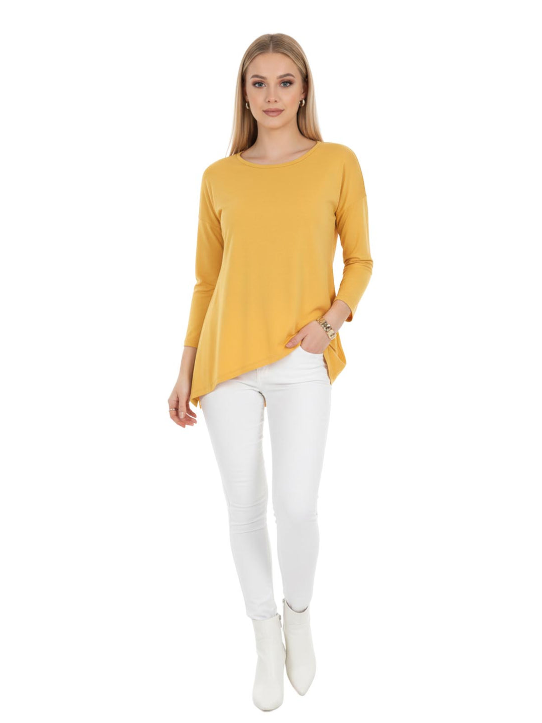NIC+ZOE Women's Yellow 3/4 Sleeve Asymmetrical Hem Top