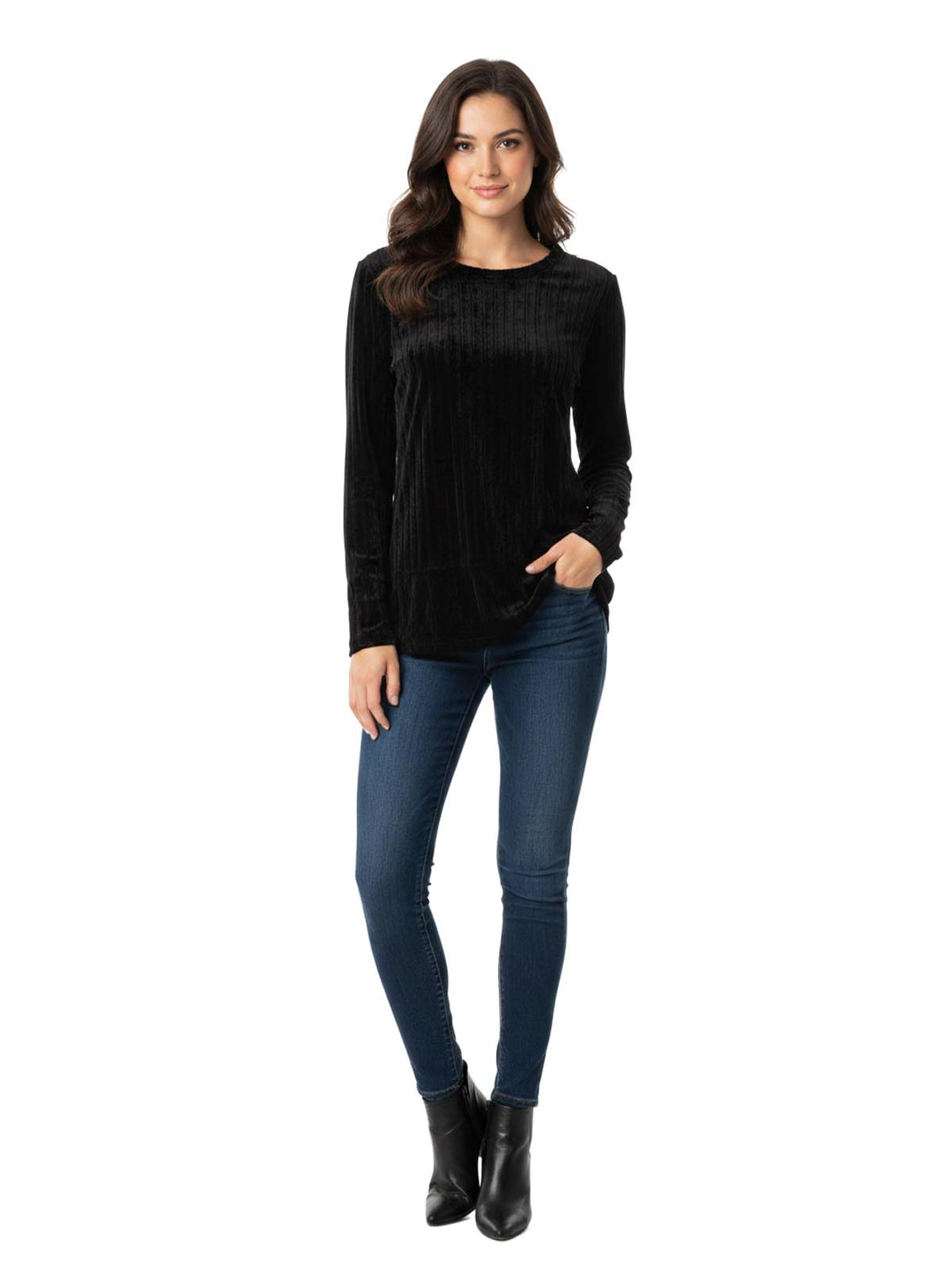 Free People Women's Black Velvet Long Sleeve Top