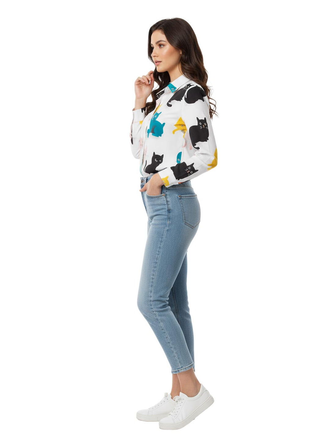 Colorful Cat Print Long Sleeve Blouse
