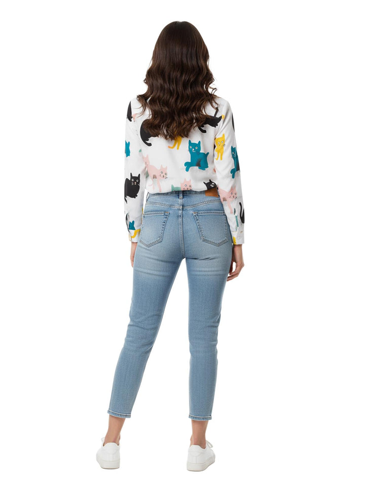 Cat Print Long Sleeve Button Up Shirt