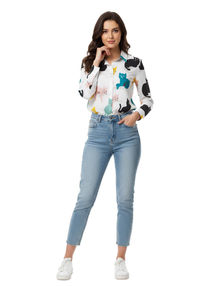 Cat Print Long Sleeve Button Up Shirt