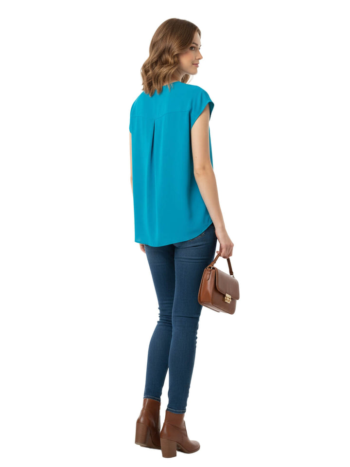 Investment Collections Women's Teal V-Neck Short Sleeve Blouse