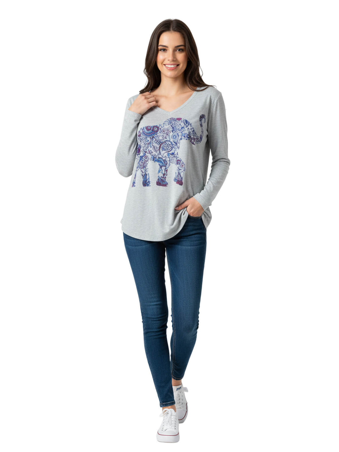 Style & Co Women's Long Sleeve Elephant Graphic Top