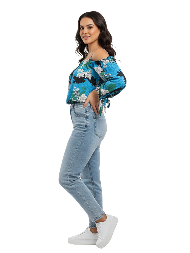 Who What Wear Women's Floral Print Tie Sleeve Tank Top Blue