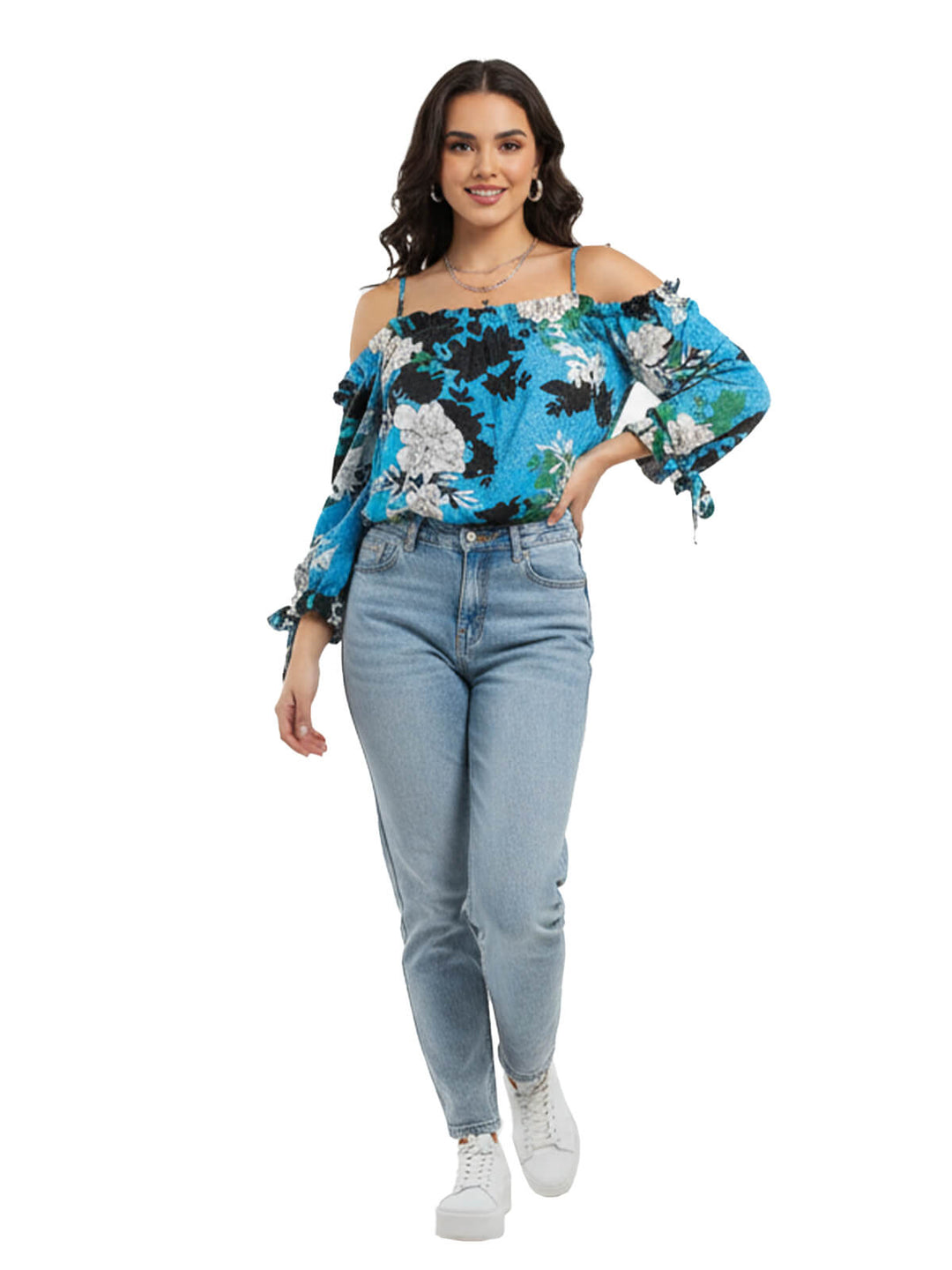 Who What Wear Women's Floral Print Tie Sleeve Tank Top Blue
