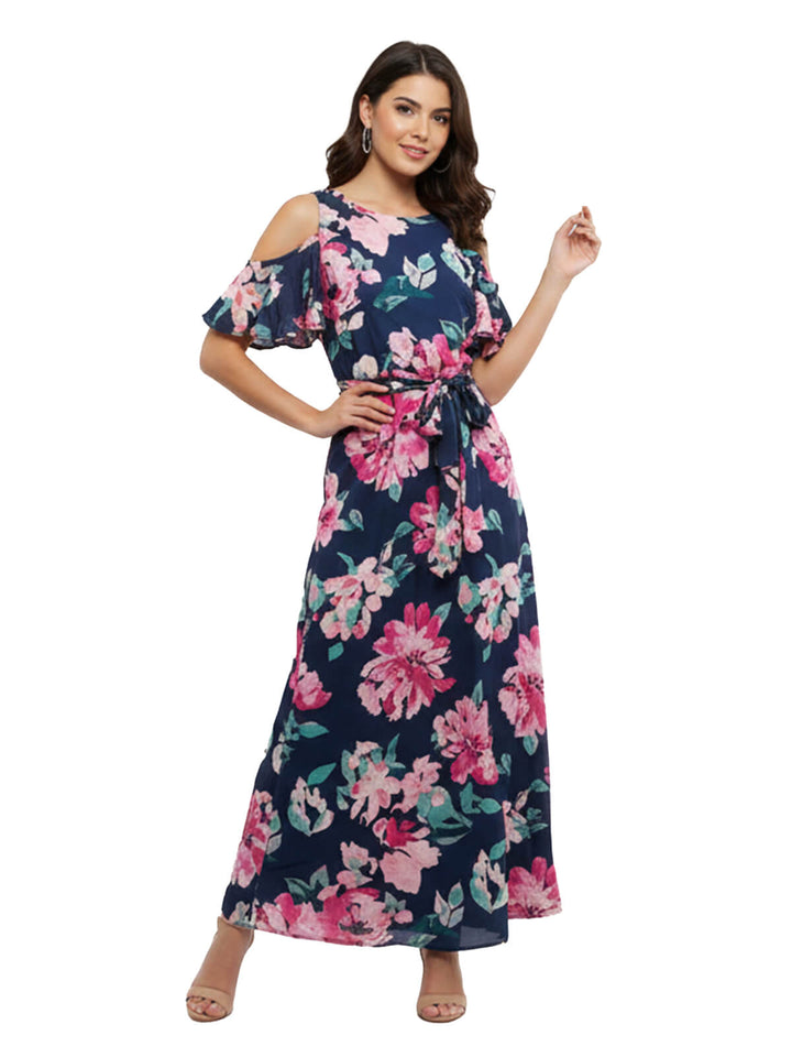 Kasper Floral Print Cold Shoulder Maxi Dress
